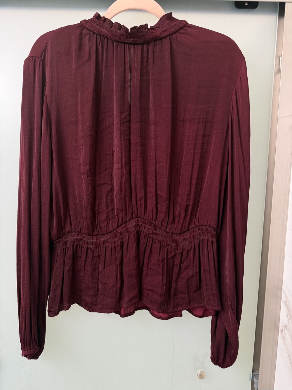 Nine West Women's Wine Red Long-Sleeve Ruffled Neck Blouse